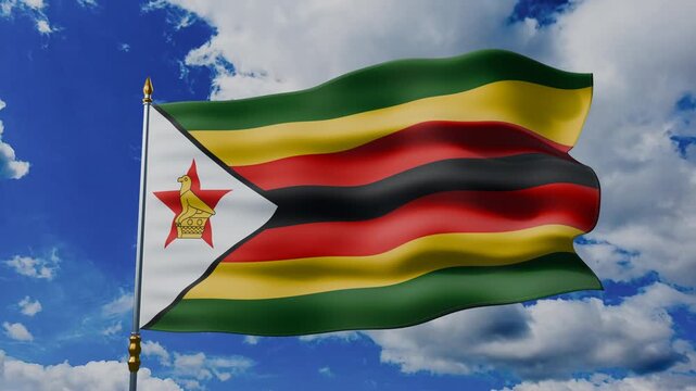Zimbabwe Flag Waving Against Blue Sky