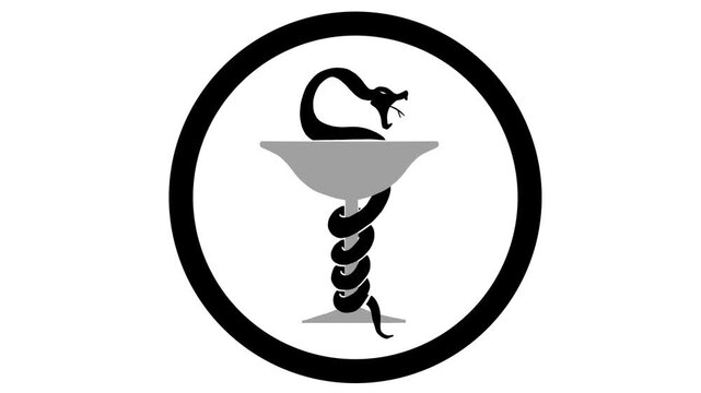 Animated Bowl of Hygieia symbol loop, black vector snake coiled around a goblet icon for pharmacy, medicine, and health concepts