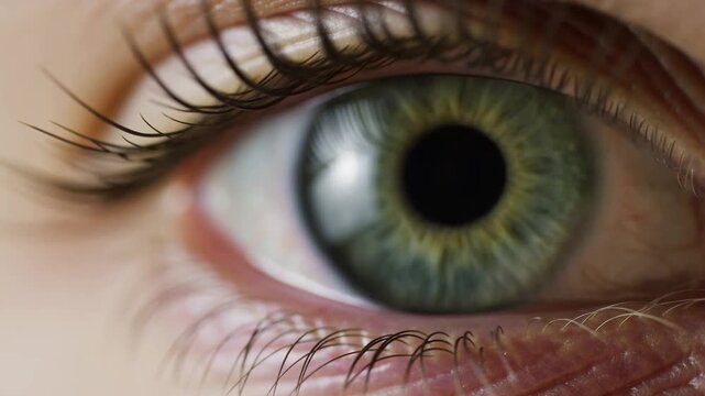 Human eye close-up with green iris and subtle eye movement in a macro facial view. Eye care advertising, optometry services, and ophthalmology education.