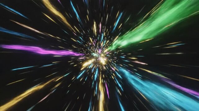 Abstract starfield with vibrant streaks simulating light speed travel or a wormhole passage through space