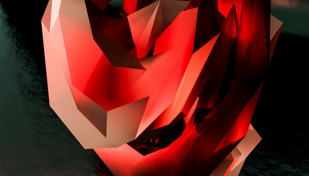 Red polygonal abstract sculpture with geometric faceted shapes