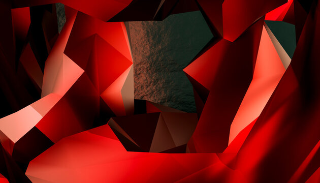 Red abstract polygonal geometric 3d shapes with angular facets
