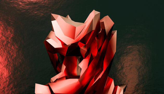 Red geometric faceted crystal with shiny reflective surfaces