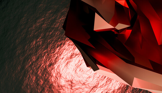 Abstract red polygonal 3d shape with angular facets and reflection