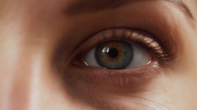 Extreme close-up of a green-hazel human eye with subtle gaze movement in a neutral studio setting. Eye care advertising, optometry services, and ophthalmology education.