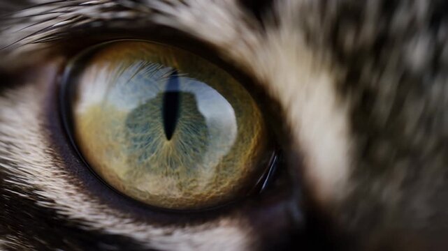 Extreme close-up of a cat eye with a vertical pupil and textured fur in sharp focus. Pet care advertising, veterinary education, and animal biology lessons.