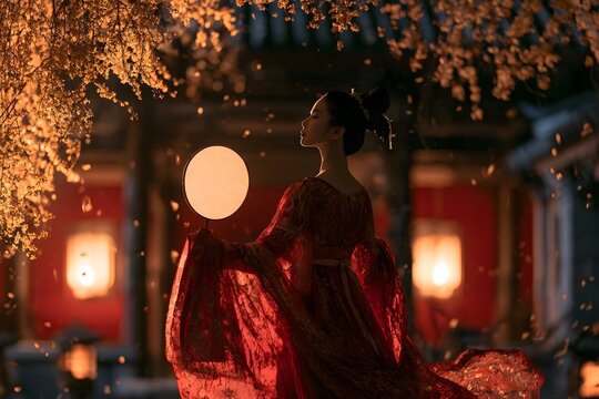 Chinese woman in hanfu under osmanthus tree with lanterns at night