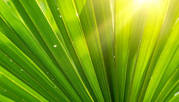 Sunlight streaming through vibrant green palm tree leaves, creating a bright and natural summer background pattern