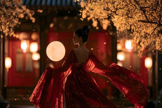 Chinese woman in hanfu under osmanthus tree with lanterns at night