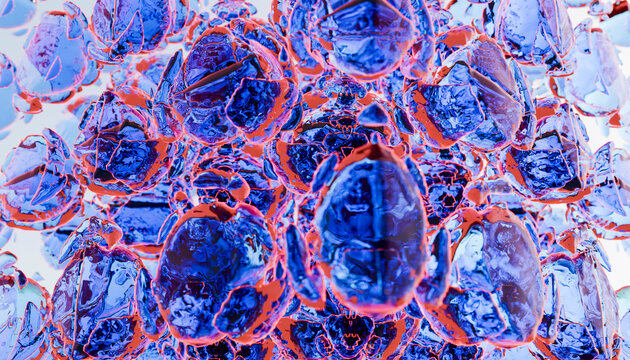 Blue and red abstract crystalline shapes with reflective textures