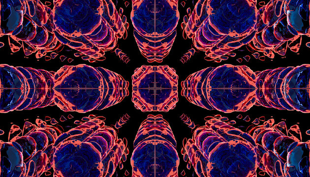 3d abstract symmetrical pattern with blue and red digital shapes
