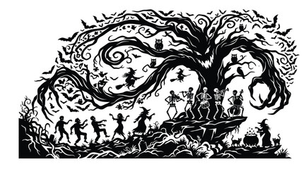 Fototapeta premium Spooky halloween vector illustration featuring dancing skeletons with scary haunted trees and flying bats at night