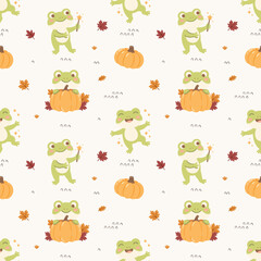 Obraz premium Frog Pumpkin Autumn Halloween Seamless Pattern, Fall Leaf Toad Wand Orange Repeating Background Wallpaper Textile Fabric Cute Kawaii Baby Nursery Graphic, Pajamas Wrapping Flat Vector Illustration
