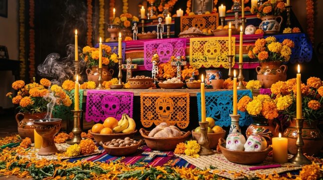 Traditional Day of the Dead altar decorated with marigold flowers, candles, skulls, and offerings