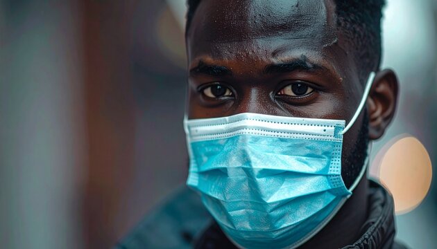 Close-up portrait of a young African man wearing a protective medical face mask, looking directly at the camera, symbolizing global health awareness and public safety measures during uncertain times