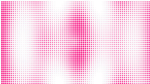 Abstract magenta halftone dot pattern with gradient transition on a black background, vibrant texture for digital and print media