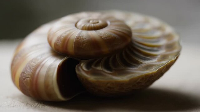 Spiral marine shell slowly rotating on a tabletop in macro close-up. Marine biology education, natural history documentaries, and shell identification content.