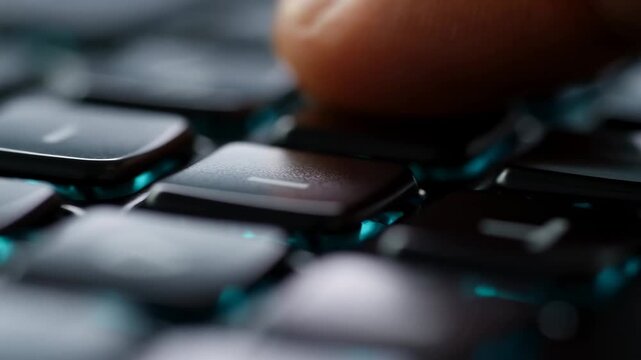 Finger pressing keys on a computer keyboard in an extreme close-up indoor workspace. Technology advertising, business presentations, and office productivity content.