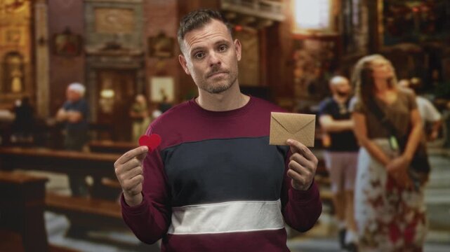 Man holds red heart and paper envelope in ornate building with pews and paintings; longing solitude.