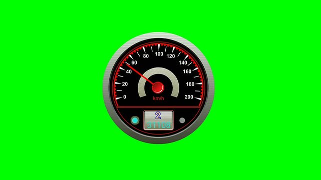 animation car speedometer gauge,with moving red needle and increasing digital speedometer counter, on green screen, for editing composite 4k.