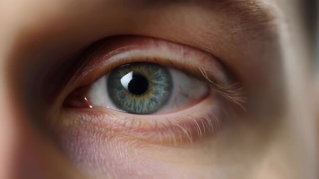Extreme close-up of a blue-green human eye blinking against a soft neutral background. Eye care advertising, optometry services, and ophthalmology education.