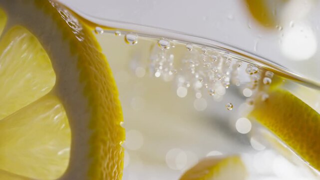 Sparkling citrus drink with lemon slices and rising bubbles in a bright macro close-up. Beverage advertising, drink packaging promotion, and restaurant and cafe marketing.