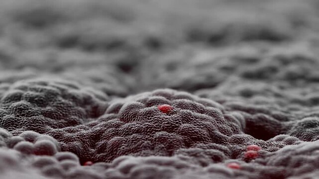Abstract organic texture drifts across a microscopic-looking surface. Science presentation, medical research design, and technology branding.