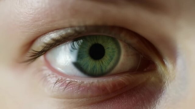 Extreme close-up of a human eye with a green iris and subtle eyelid movement. Optometry advertising, ophthalmology education, and eye care campaigns.