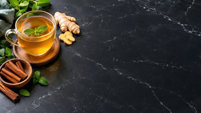 Ginger tea with mint and cinnamon on black marble background, herbal infusion in glass cup, healthy wellness beverage with copy space