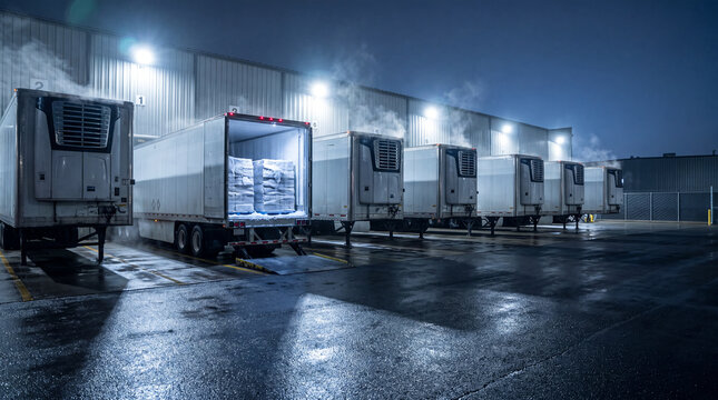 Refrigerated trailers lined up at a distribution center loading dock at night