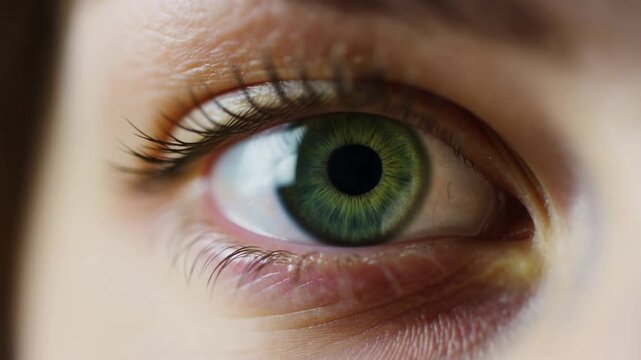 Human eye blinking in an extreme close-up with a detailed green iris and shifting gaze. Eye care advertising, optometry services, and healthcare campaigns.