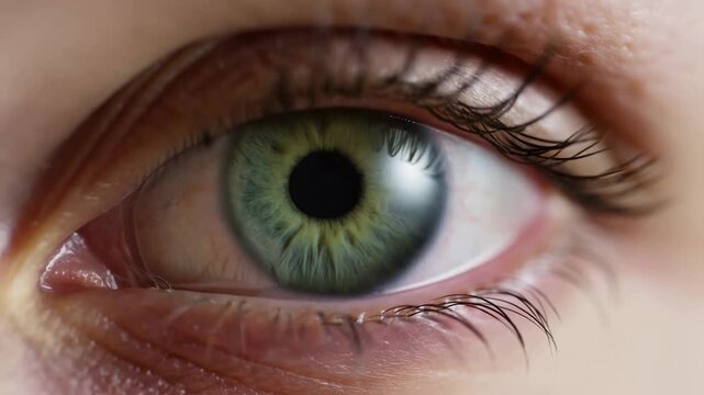 Extreme close-up of an open green human eye with detailed iris, pupil, eyelashes, and natural catchlight. Eye care advertising, optometry services, and ophthalmology education.