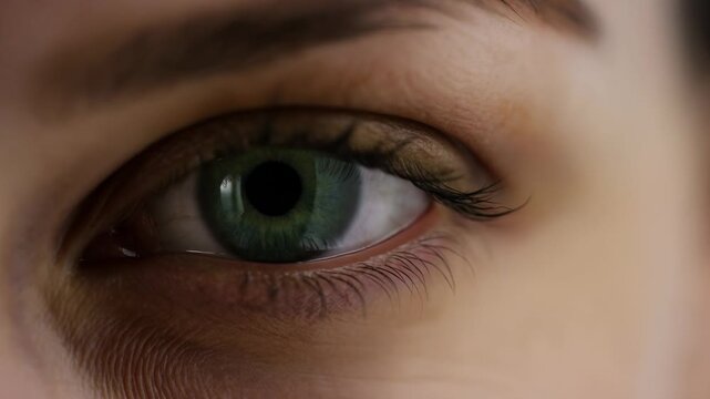 Extreme close-up of a green human eye gazing against a soft neutral background. Eye care advertising, optometry education, and ophthalmology presentations.
