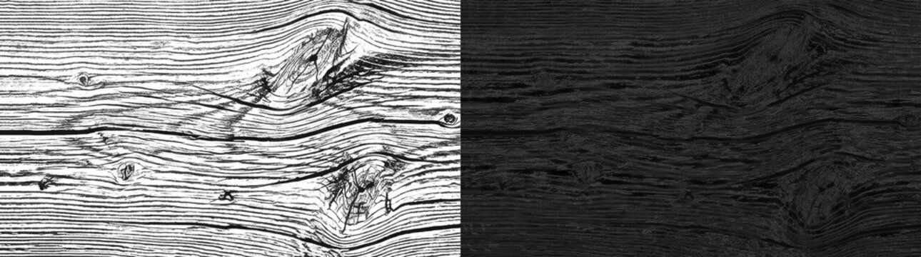 Black and white wood grain texture, distressed timber surface with knots and cracks. High contrast rustic wooden background for graphic design, overlay, branding, poster and print projects