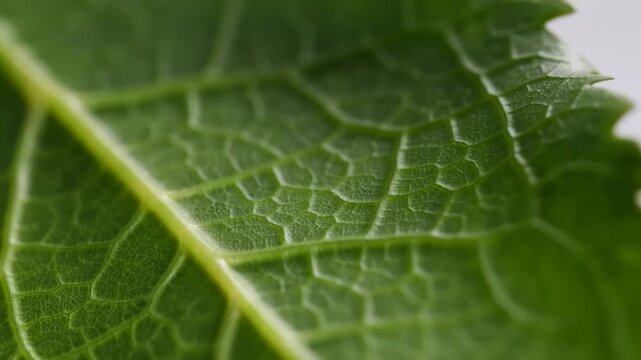 Green leaf surface with branching veins passes through macro focus in a natural botanical setting. Botany education, plant biology presentations, and nature documentaries.