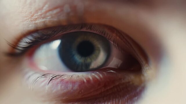 Extreme close-up of a human eye looking through a detailed iris with softly blurred skin and eyelashes. Eye care advertising, optometry services, and ophthalmology education.