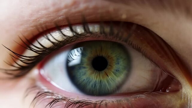 Extreme close-up of a green human eye opening and looking toward the camera. Eye care advertising, optometry services, and ophthalmology education.