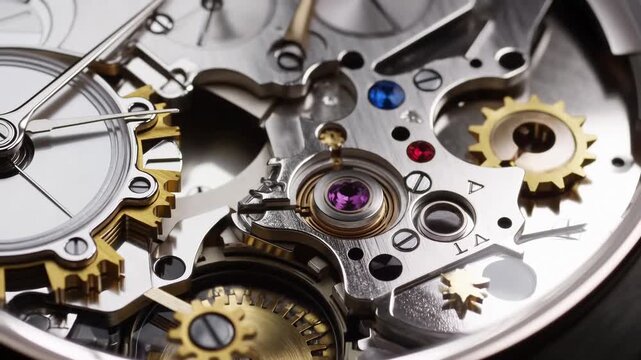 Exposed mechanical watch movement with rotating gears and precision components in macro view. Watchmaking education, watch repair training, and luxury timepiece advertising.