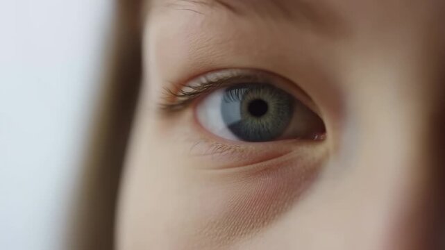 Extreme close-up of a blue-gray human eye blinking against a soft pale background. Optometry advertising, ophthalmology communication, and eye care campaigns.