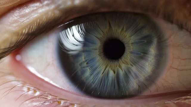 Extreme close-up of a human eye with blue-green iris and pupil changing size. Eye care advertising, optometry services, and ophthalmology education.