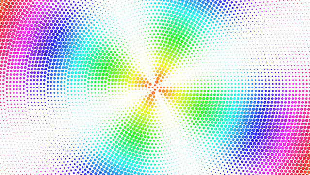 Rainbow colored halftone dot pattern with a radial swirl effect on a black background, vibrant spectrum gradient, abstract circular