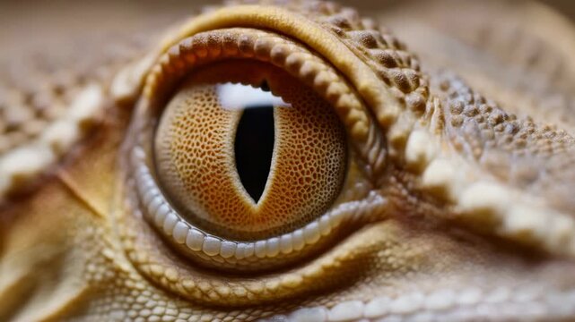 Reptile eye blinking in extreme macro close-up amid textured scales. Wildlife documentaries, reptile education, and biology presentations.