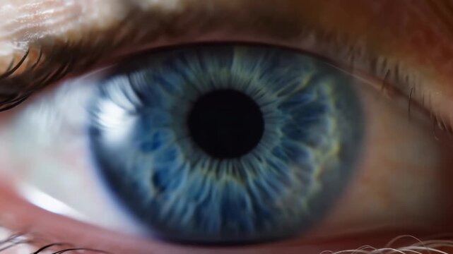 Extreme close-up of a blue human eye with subtle pupil adjustment and eyelid movement. Eye care advertising, optometry services, and ophthalmology education.