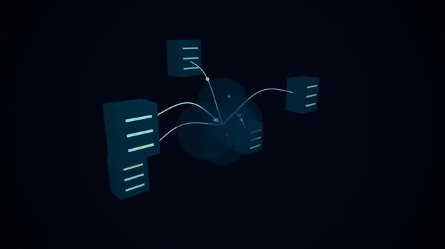 Server towers connected to central cloud icon by animated data flow lines