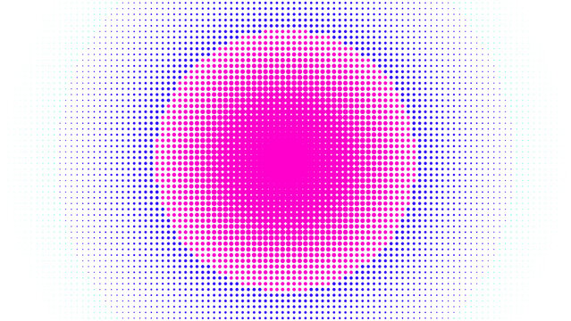 Vibrant pink glowing circle made of small dots on a dark blue background, creating a halftone effect with a soft light gradient and texture