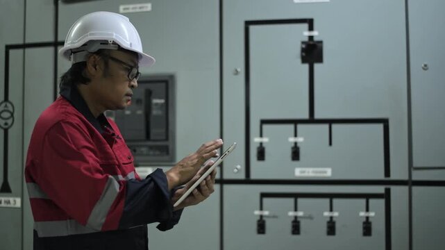 Engineer checking and inspecting at MDB panel working with electric switchboard to check range of voltage working in Main Distribution Boards factory.	