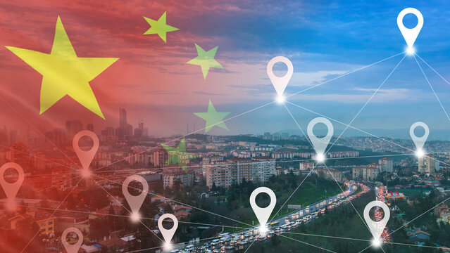 China's smart urban navigation and connected logistics network integration, featuring a wide city panorama with multiple location pin overlays connected by data lines, a superimposed Chinese national 