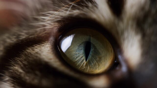 Domestic cat eye moves subtly in an extreme close-up of striped fur and a green-gold iris. Pet care advertising, veterinary services, and animal health education.