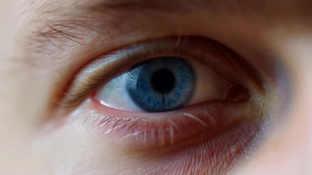Blue human eye looking toward the camera in an extreme facial close-up. Eye care advertising, optometry services, and ophthalmology campaigns.