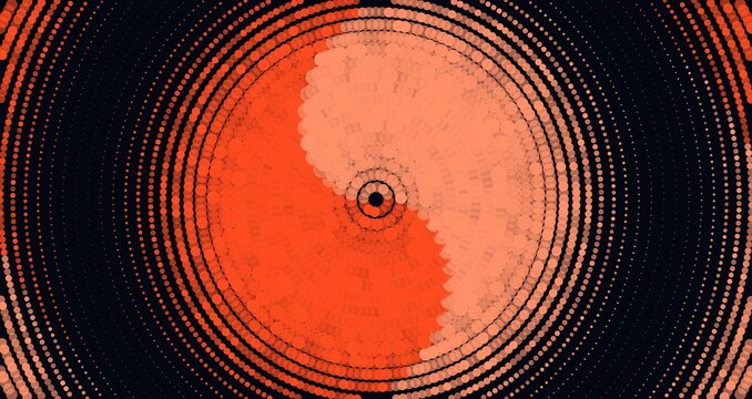 Abstract red and orange yin yang symbol made of halftone dots, circular vortex pattern, radial gradient, digital
